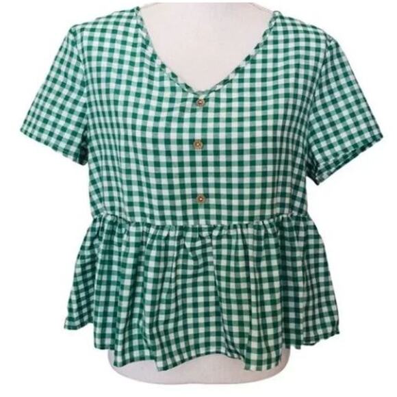 Shein Green White Plaid Ruffle Top Large - Picture 1 of 3